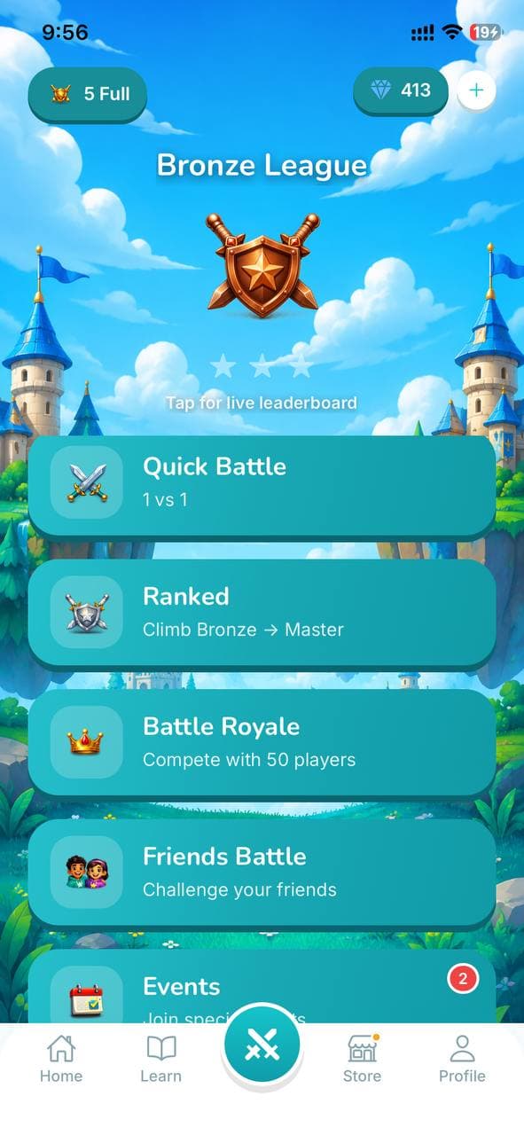 Battle tab with quick play and multiplayer modes
