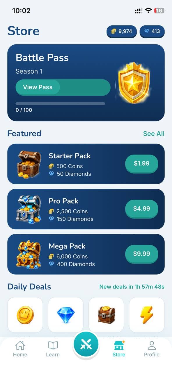 In-app store with gems, deals, and battle pass